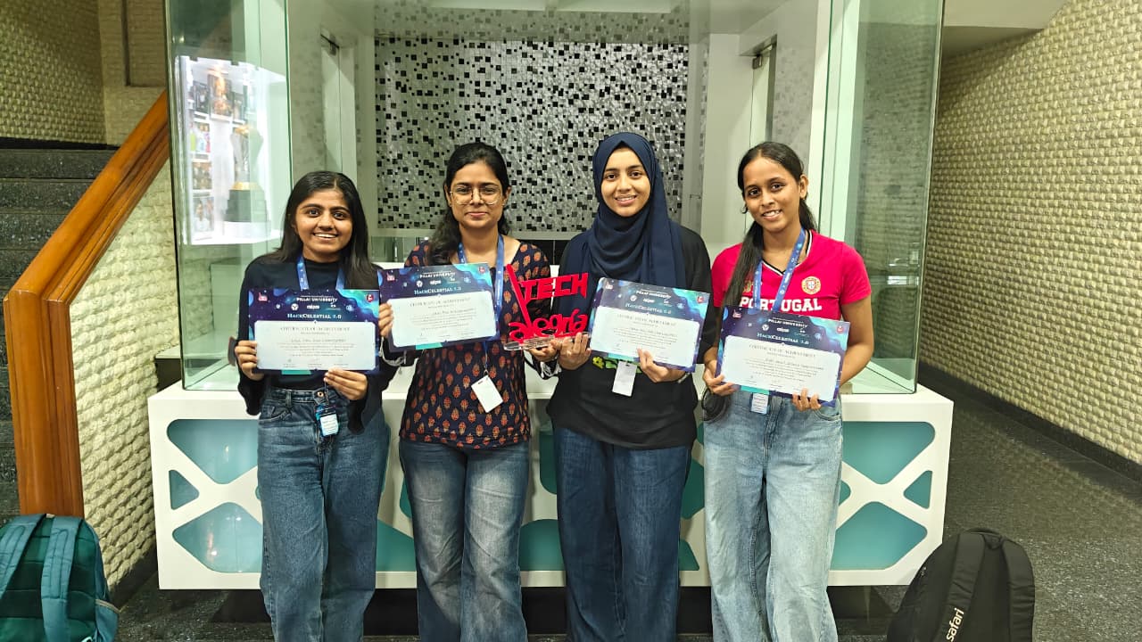Four BE AIML students holding their HackCelestial certificates and a trophy