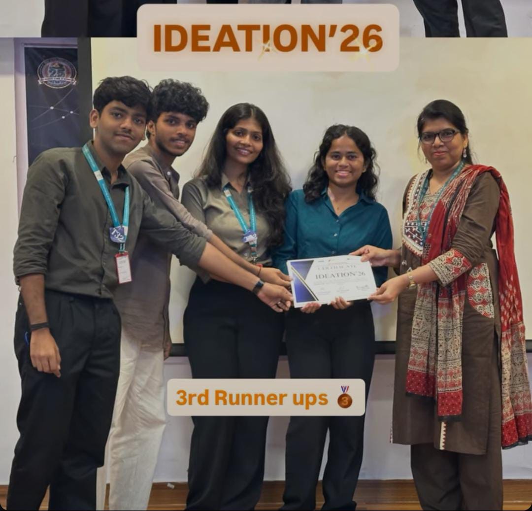 Team receiving the Ideation'26 certificate from a faculty member, marked 3rd Runner Ups